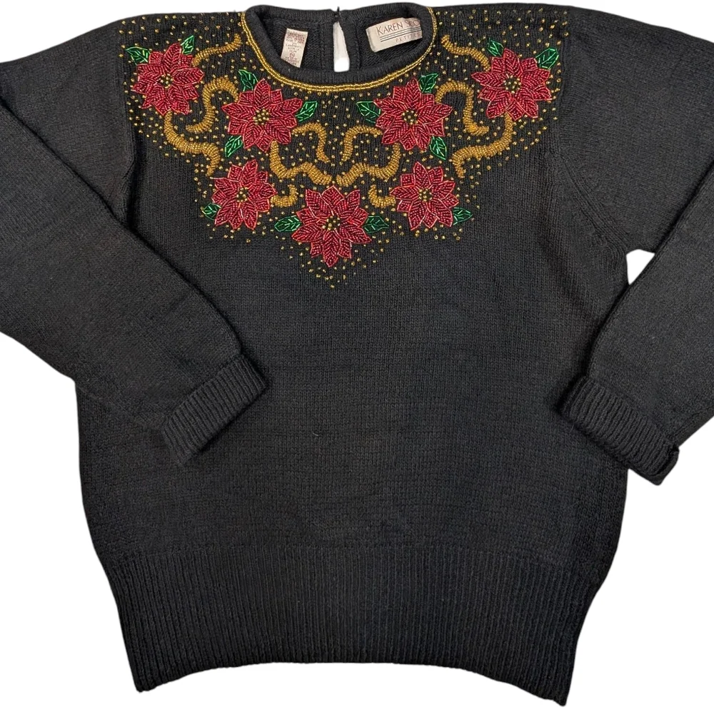 Vintage Karin Scott Petites beaded poinsettia Silk/Angora/Wool sweater. PMedium